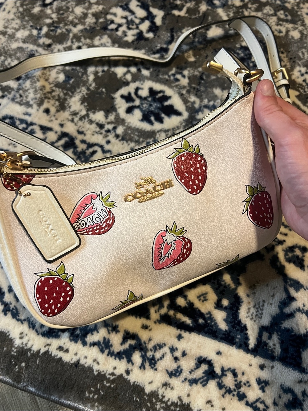 Coach Cream Leather Shoulder Bag with Red Strawberry Motif